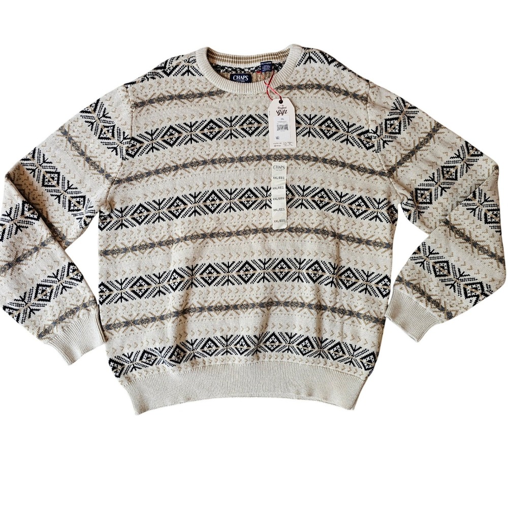 Chaps Mens Fair Isle‎ Crewneck Sweater Beige Cream Snowflake Pullover XXL NWT